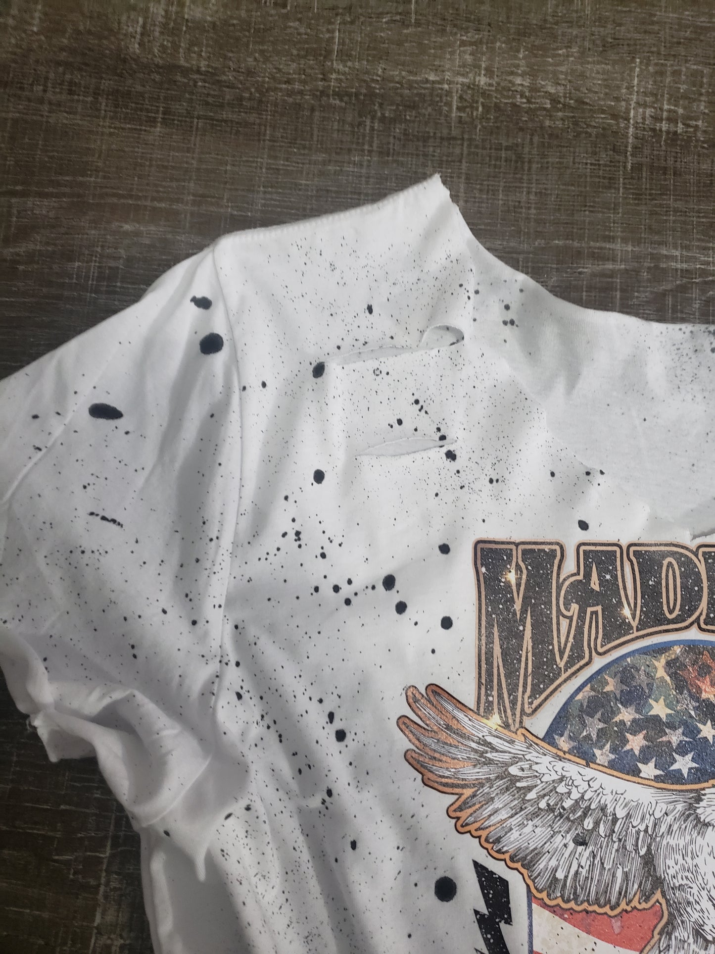 Made in America splatter dyed raw edge tee