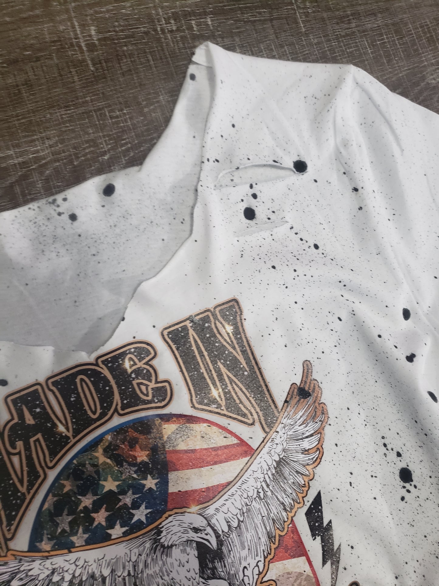 Made in America splatter dyed raw edge tee