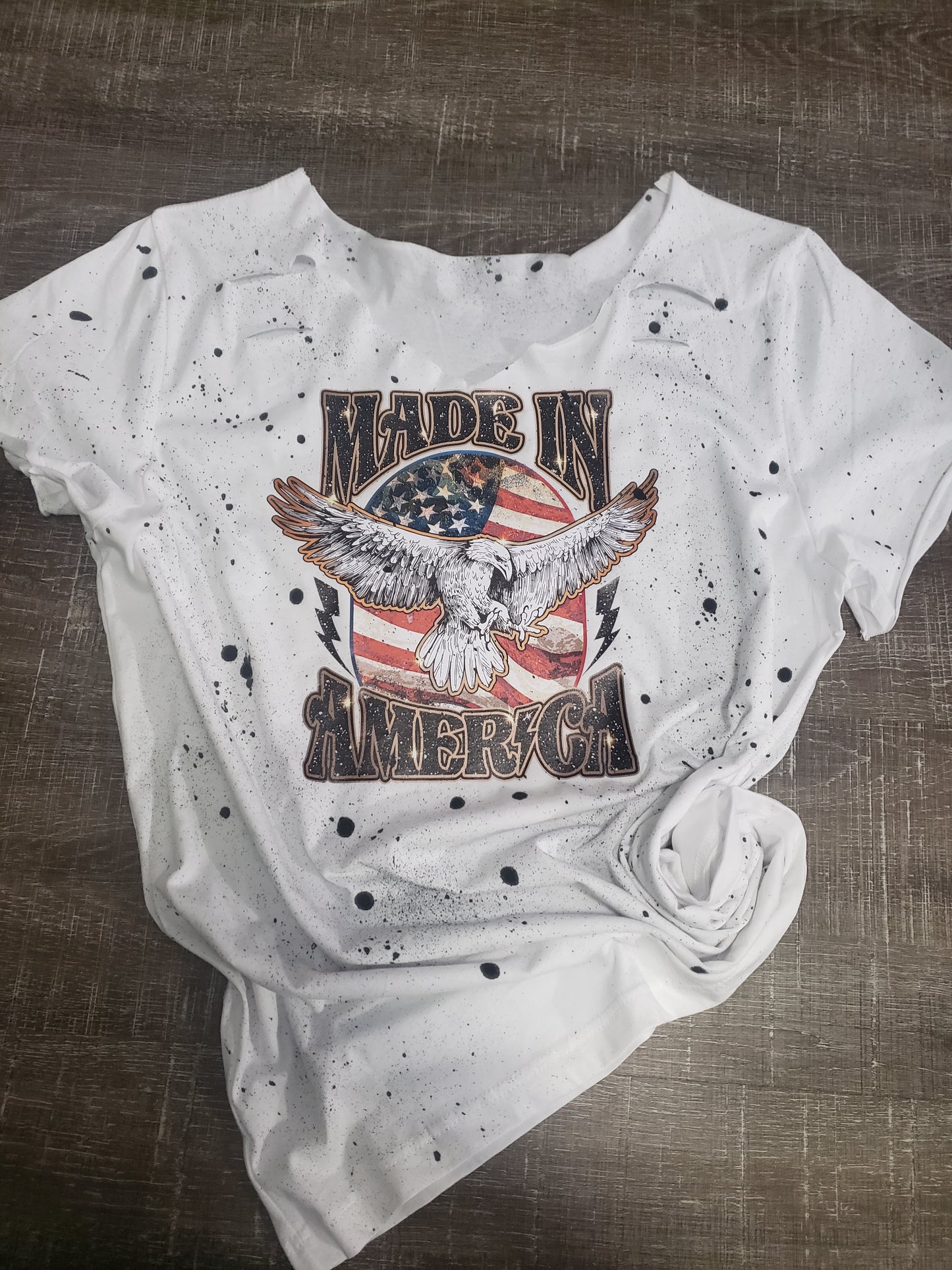 Made in America splatter dyed raw edge tee